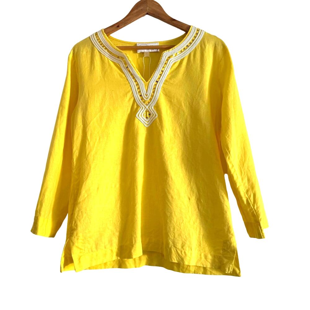 Pappagallo Lemonade Linen Tunic Top w Sequined Embroidery and 3/4 Sleeves NEW